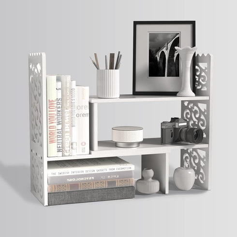 MASAKA B&W Desktop Organizers with Shelves, Adjustable WPC Display Shelf for Office Desk, Makeup Shelf, White