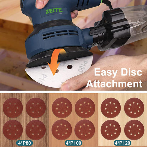 ZEITE 5 Inch Random Orbital Sander, 3.0 Amp Tool for Woodworking, Variable Speed 5000-12000 OPM, 10 Feet Cord, Dust Box