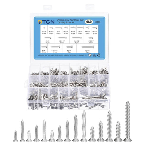 460Pcs Wood Screws Assortment Kit, 16 Sizes 304 Stainless Steel Phillips Flat Head Self Tapping Screws for Woodworking,