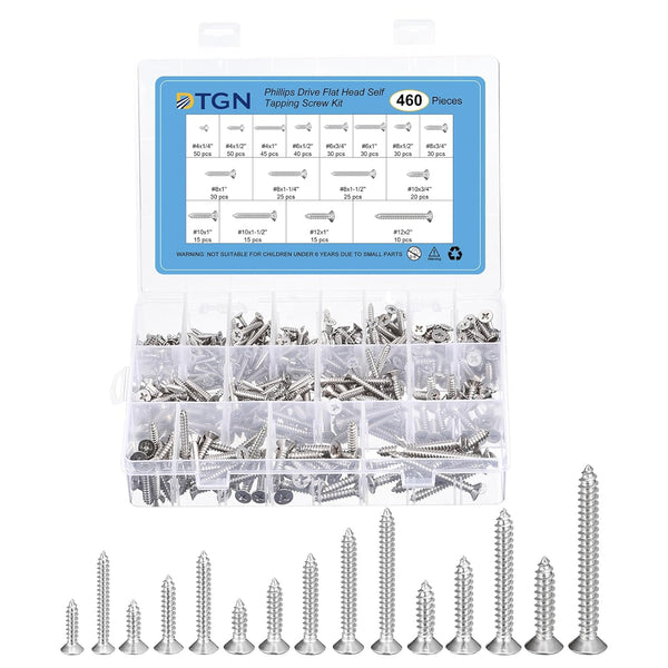 460Pcs Wood Screws Assortment Kit, 16 Sizes 304 Stainless Steel Phillips Flat Head Self Tapping Screws for Woodworking,