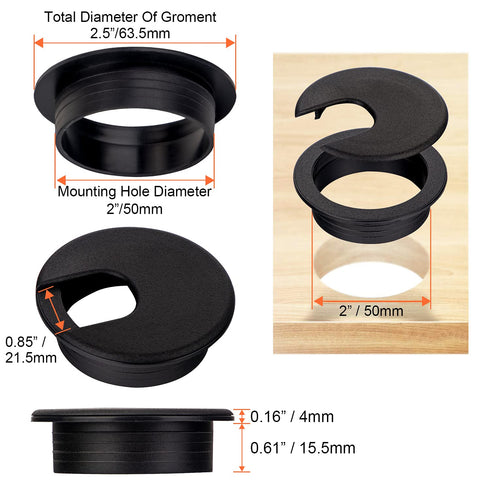 LepoHome 20 Pack 2 Inch/50mm Grommets, Round Plastic Desk Black Wire Organizer Caps, PC Computer Port Cable Hole Cover