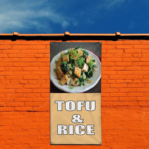 Fastasticdeals 4 Grommets 48x24Inches Vertical Vinyl Banner Multiple Sizes Tofu and Rice Food Fair Restaurant Cafe