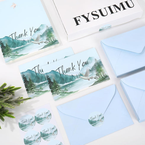 50Pcs FYSUIMU Funeral Thank You Cards Watercolor Mountain Sympathy Cards with Message Bereavement and Envelopes