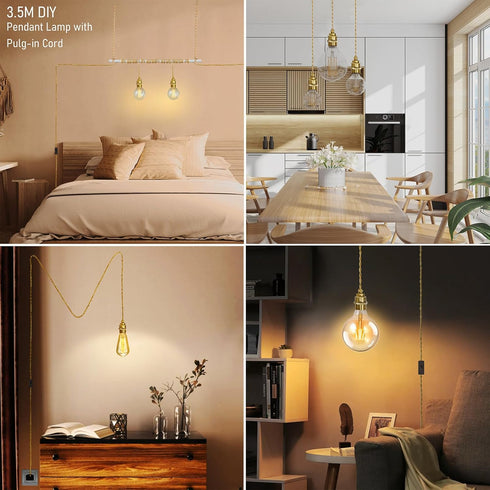 E26 11.5FT Gold Plug in Pendant Light Kit, Hanging Plug in Lights Fixture with Metal Ceramic Socket, Hanging Lights