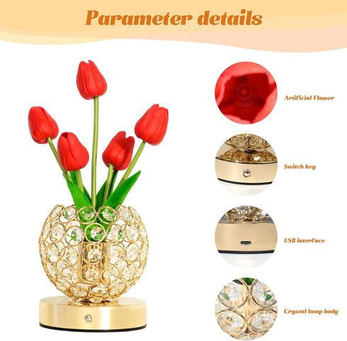 3-Colour Dimming Tulip Crystal Flower Lamp Touch Lamp,Rechargeable Cordless Table Lamp, Infinitely Battery Powered