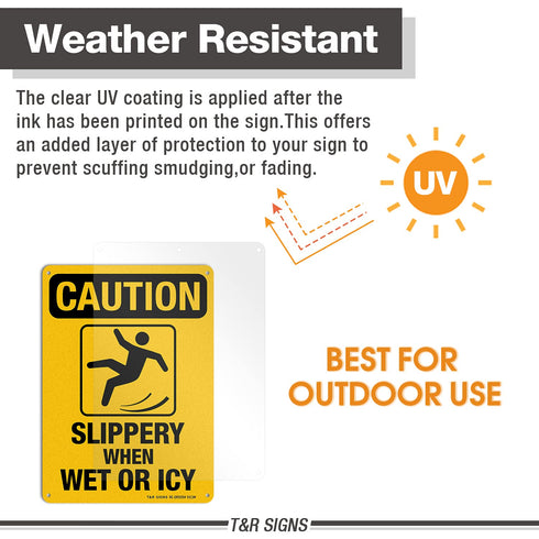 Slippery When Wet Or ICY Sign, Caution Sign 2 Pack, 10" x 7" Rust Free Aluminum with Pre-drilled Holes
