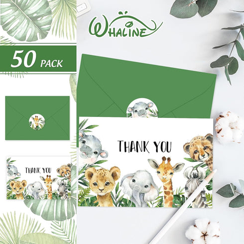 50 Pack Whaline Safari Jungle Thank You Cards with Envelopes Stickers Jungle Animal Greeting Cards Watercolor Forest