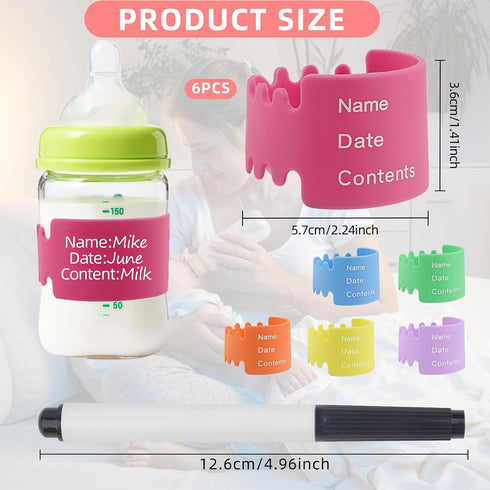 Pretwad 6 (6 PCS Reusable Silicone Baby Bottle Labels & Sippy Cup Bands for Daycare - Waterproof Write and Reuse Name