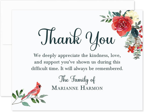 Cardinal Floral Sympathy Thank You Cards, Funeral Thank You Cards, Personalized Bereavement