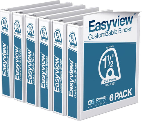 EasyView Premium Angled D-Ring Binders, 1.5-Inch, Pack of 6, Customizable Clear-View Covers, White