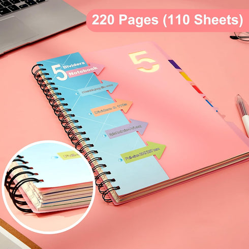 CAGIE Pink Spiral Notebook, 8.5 x 11 with Dividers, 220 Pages, 5 Subject Notebook with Tabs, Hardcover A4 Journal