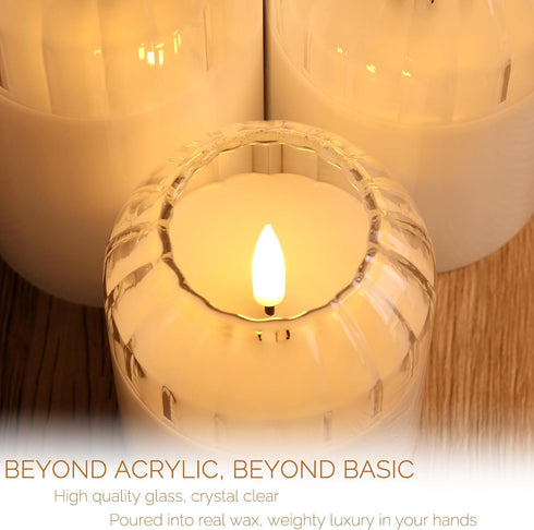 Set 3 Clear Glass Flameless Candles with Remote, Flickering LED Pillar Candles Battery Powered Ribbed Dome Top