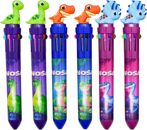 Maydahui 6 Pcs 10-in-1 Multicolor Dinosaur Pens, 10 Colors Shuttle Retractable Ballpoint Pens Fun Cartoon Dino Print