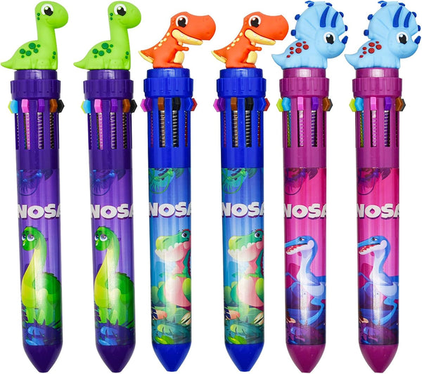 Maydahui 6 Pcs 10-in-1 Multicolor Dinosaur Pens, 10 Colors Shuttle Retractable Ballpoint Pens Fun Cartoon Dino Print