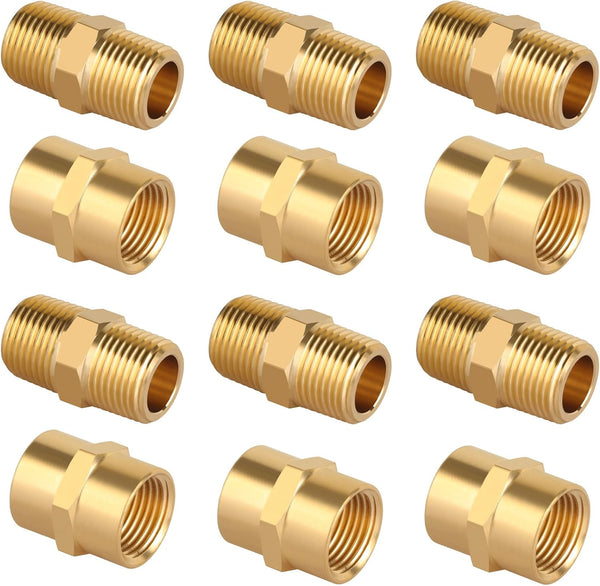 KOOTANS 12pcs Brass Pipe Fitting - NPT Hex Nipple and Coupling Set, 3/8" x 3/8" NPT Male and Female Pipe Fittings