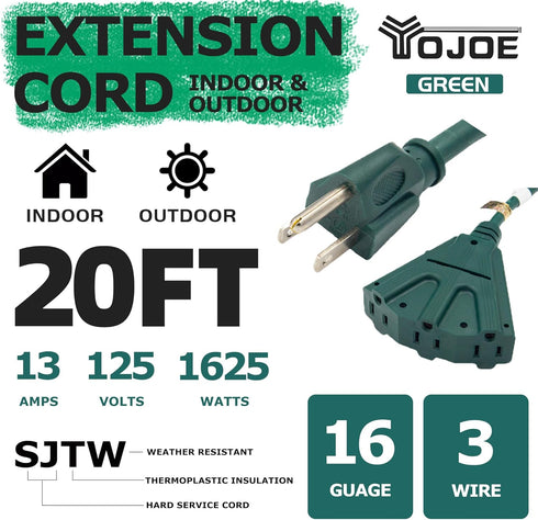 YOJOE 20 Foot Green Outdoor Extension Cord with 3 Power Outlets, 16/3 SJTW Waterproof for Yard Decorations