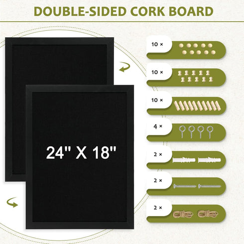 Double-Sided Black Cork Board with Linen, 24" x 18" Wood Framed Bulletin Board with 20 Pushpins
