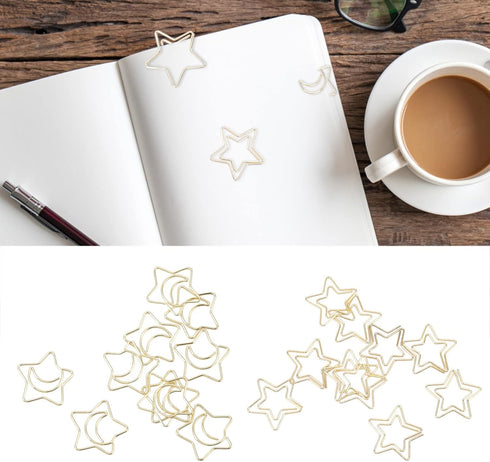 Paper Clips, 100pcs, Gold Star Moon Shape, Cute Bookmarks for Organizing