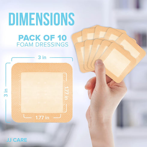 JJ CARE Silicone Foam Dressing 3x3, Pack of 10, Waterproof Bandages for Wounds, Absorbent Bed Sore Bandages