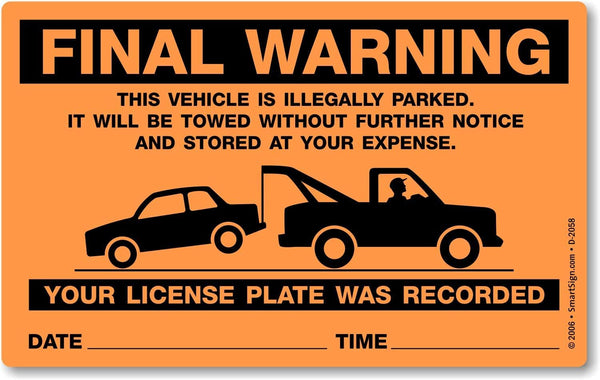 SmartSign 50-Pack Write-On Final Warning Parking Violation Stickers, 5" x 8", Fluorescent Orange