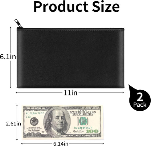 Hoiny 2 Pack 11x6.1 Inch Money Bags with Zipper, PU Leather Cash Pouch, Secure Bank Bag for Coins, Bills, Checks