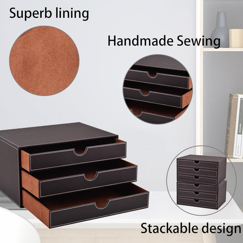 PU Leather Desk Organizer with 3 Drawers, Executive Office Supplies Desktop Filing A4 File Cabinet for Jewelry, Bill,