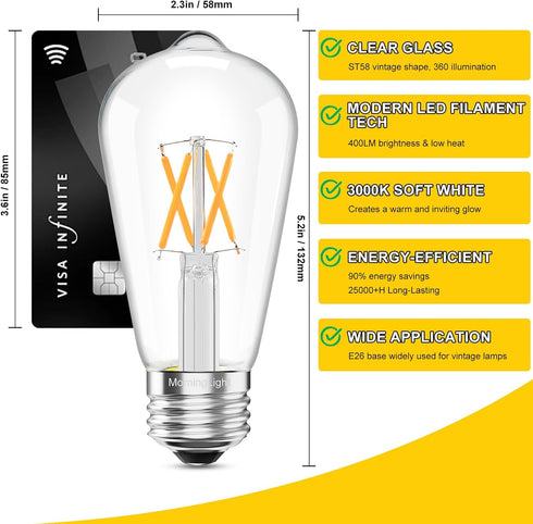 6 Pack Bulbs, Dimmable E26 Bulbs 40Watt 3000K 4W ST58 Bulbs 400LM MorningLight Vintage LED Edison LED Edison Light Soft