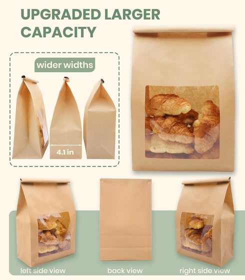 50 Pack Packaging 13.6x8.3x4.1in Heavy Duty Sourdough Paper Bags Resealable with Window for Round Loaf Selling | Large