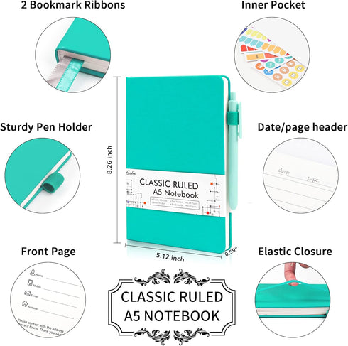 feela 3 Pack Notebooks Journals Bulk, Hardcover Notebook Classic Ruled Lined Journals with Pen Holder for Women Girls School Business Supplies, with 3 Black Pens, 120 GSM, 5.1”x8.3”, A5, Aqua by feela