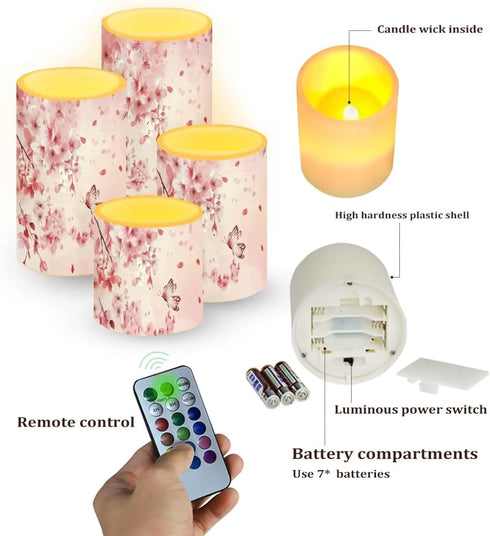 Cozeyat 4 Pack Pink Blossom Flameless Candles Battery Operated LED Pillar Candles with Remote Timer Color Changing