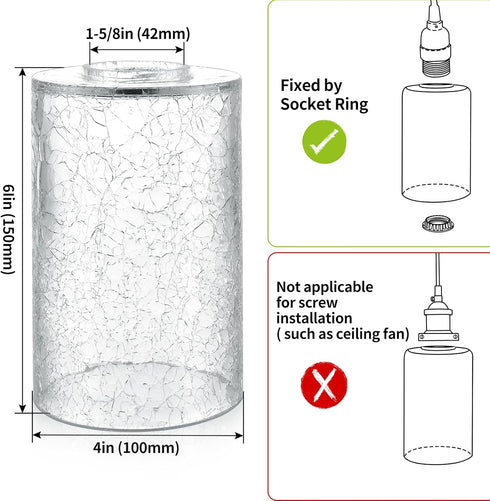 Skelang 2 Crackle Lip-less Glass Lamp Shade, Cylindrical Light Cover with Fitter Opening, Replacement for Chandelier