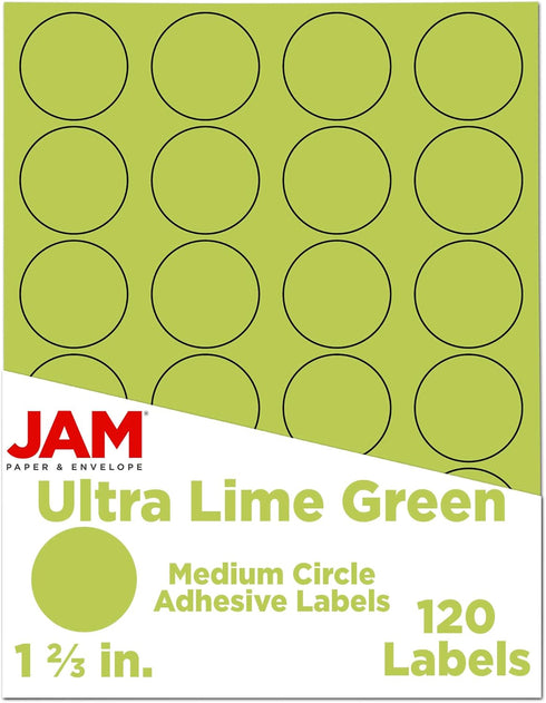 JAM PAPER Ultra Lime Green Circle Label Sticker Seals, 1 2/3 Inch Diameter, 120 Round Labels/Pack