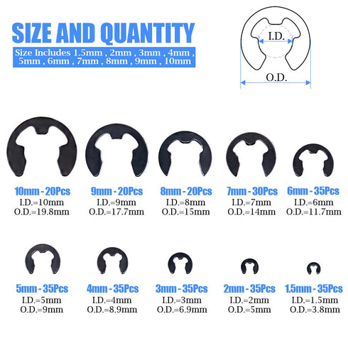 Glarks 300-Pieces Black Alloy Steel E-Clip External Retaining Ring Washer Assortment Set