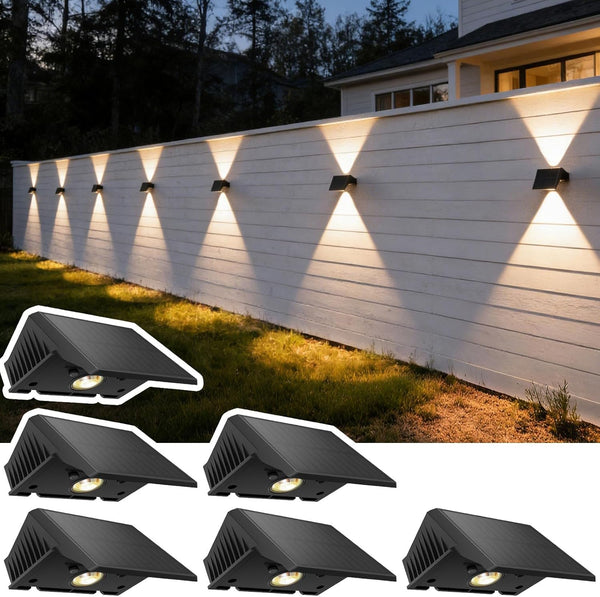 Solar Fence Lights Outdoor, 6 Pack Warm White Up and Down Solar