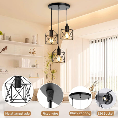 3-Light E26 Bulbs CANMEIJIA Pendant Light Fixtures, Farmhouse Kitchen Island Light Fixture, Industrial Hanging Pendant