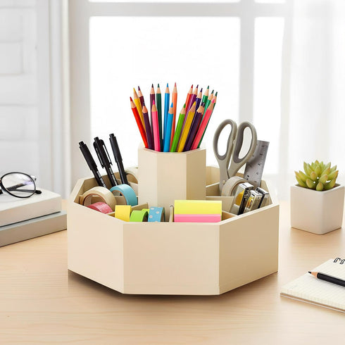 Fiwochic 360 Rotating Pencil Holder for Desk Bamboo Rotating Marker Pen Desk Organizer Art Supply Gifts or Desktop