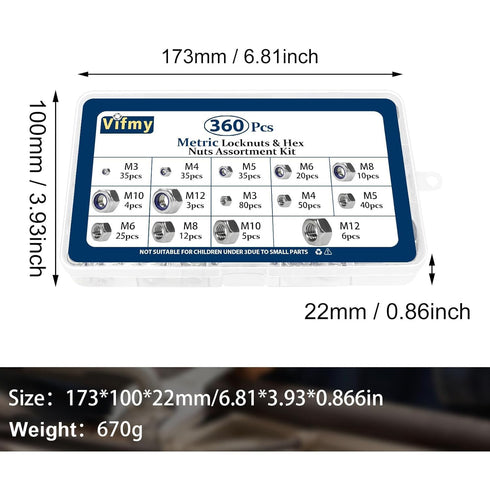 Vifmy Kit(360Pcs)M3 M4 M5 M6 M8 M10 M12 Sets,Bright Metric Hex Nuts&Locknuts Assortment Stainless Steel Assorted Hex