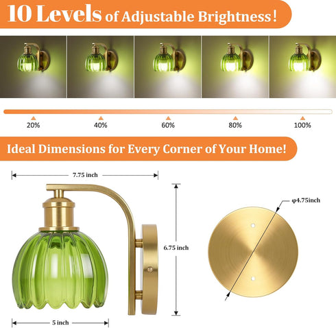 15 VerRon Rechargeable Battery Operated Wall Sconce with Green Glass Lampshade, Wireless Wall Scone Decor with Remote