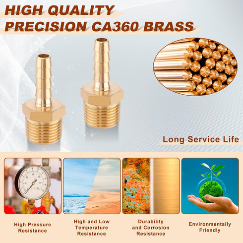 5pcs Brass Hose Barb Fittings - 1/4 Inch Barb to 3/8 Inch NPT Male Thread Air Hose Adapter Connector