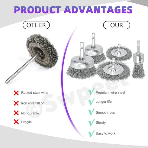 Swpeet 9Pcs Wire Scratch Brush Kit, Including 5Pcs Wire Wheel Cup Brush and 3Pcs Brass/Stainless/Carbon Steel Brushes