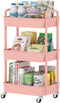 Sywhitta 3-Tier Plastic Rolling Utility Cart, Multi-Functional Storage Trolley with Handle, Pink