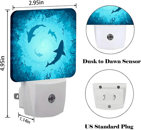 FSHVQKD Floating Sharks Night Light,Plug Into Wall with Dusk to Dawn Light Sensors, Warm Nightlights for Bedroom