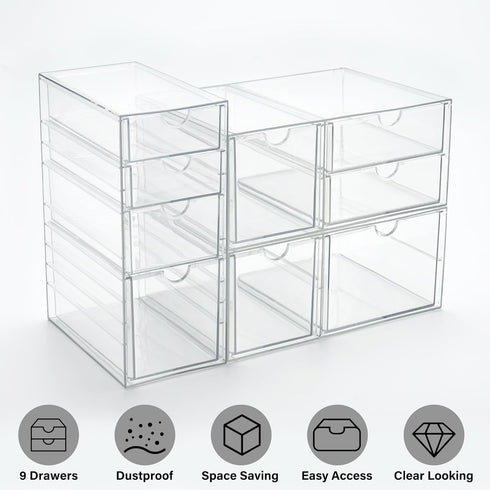Prsildan Acrylic Drawer Makeup Organizer with 9 Drawers - Set of 3 Clear Stackable Storage Drawers for Vanity
