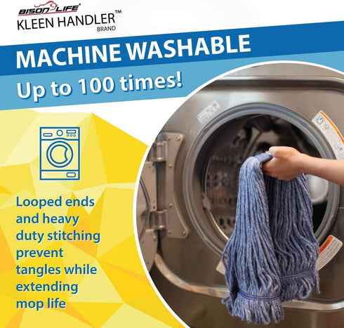 KLEEN HANDLER Heavy Duty Commercial Mop Replacement - Wet Industrial Blue Cotton Looped End String Head Refill (Pack of