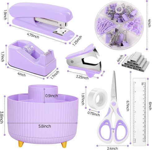 SKYDUE Purple Office Supplies Set, 10PCS Purple Desk Accessories, Pencil Holder, Stapler, Tape Dispenser, Scissors