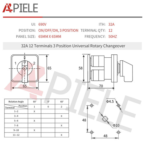 APIELE Universal Rotary Cam Selector Switch, 3 Position, 440V, 32A, 12 Terminal