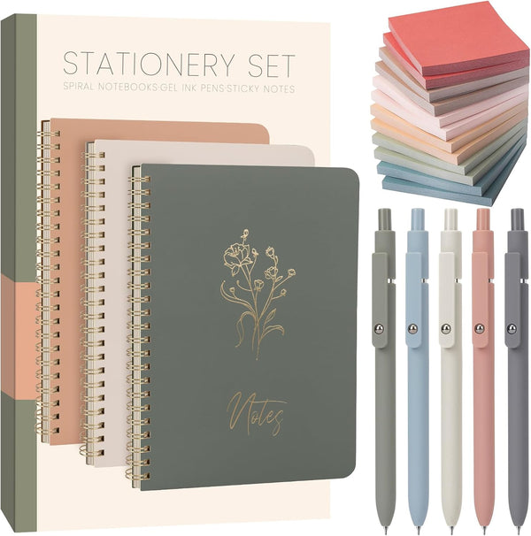 Cute Spiral Notebook Set for Women, Bible Journal Set, 3 Pack A5 Notebooks, Gel Pens, Sticky Notes, Gift Box