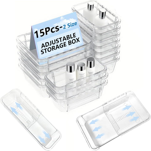 Sawvolker 15 Pcs Extendable Clear Drawer Organizer Set,Adjustable Vanity Storage Box, 2-Size Desk
