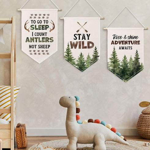 ChissNook Set 3, Woodland Nursery Canvas Banner of Adventure Hunting Nursery Hanging Pennant Banner Flags Wall Display