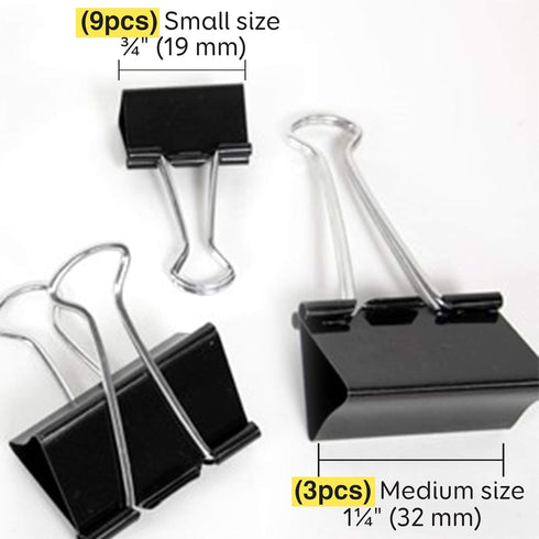 BAZIC Binder Clips Assorted Size Black, Small Medium Large Paper Clamps Paper Clip, Paperclips for Office School Supplies Home (12/Pack), 1-Pack by BAZIC Products